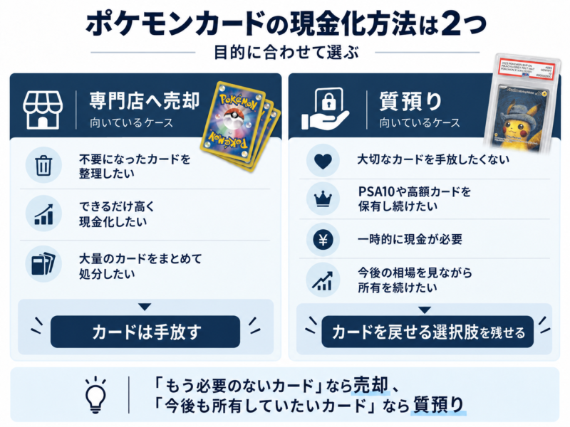 ポケモンカードの売却と質預りの違いを比較した図解。売却はカードを手放して現金化し、質預りはカードを担保に融資を受ける方法