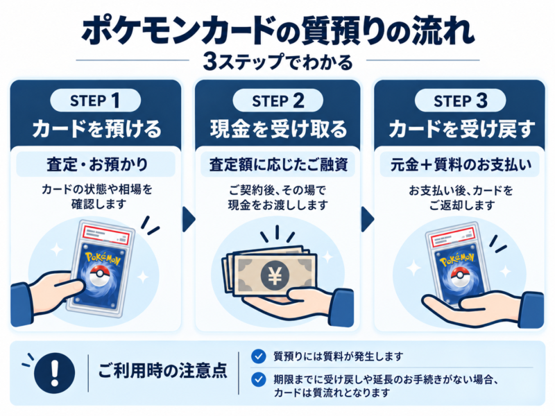 ポケモンカードの質預りの流れを示した3ステップの図解。カードを預ける、融資を受ける、元金と質料を支払って受け戻す