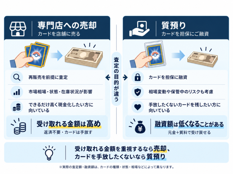 ポケモンカード専門店の買取価格と質屋の質預り融資額の違いを比較した図解。再販売を前提とする買取と、価格変動を考慮する融資の違い